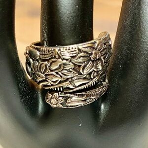 Floral Engraved Spoon Ring - Women's Statement Band in 9.25 Sterling Silver